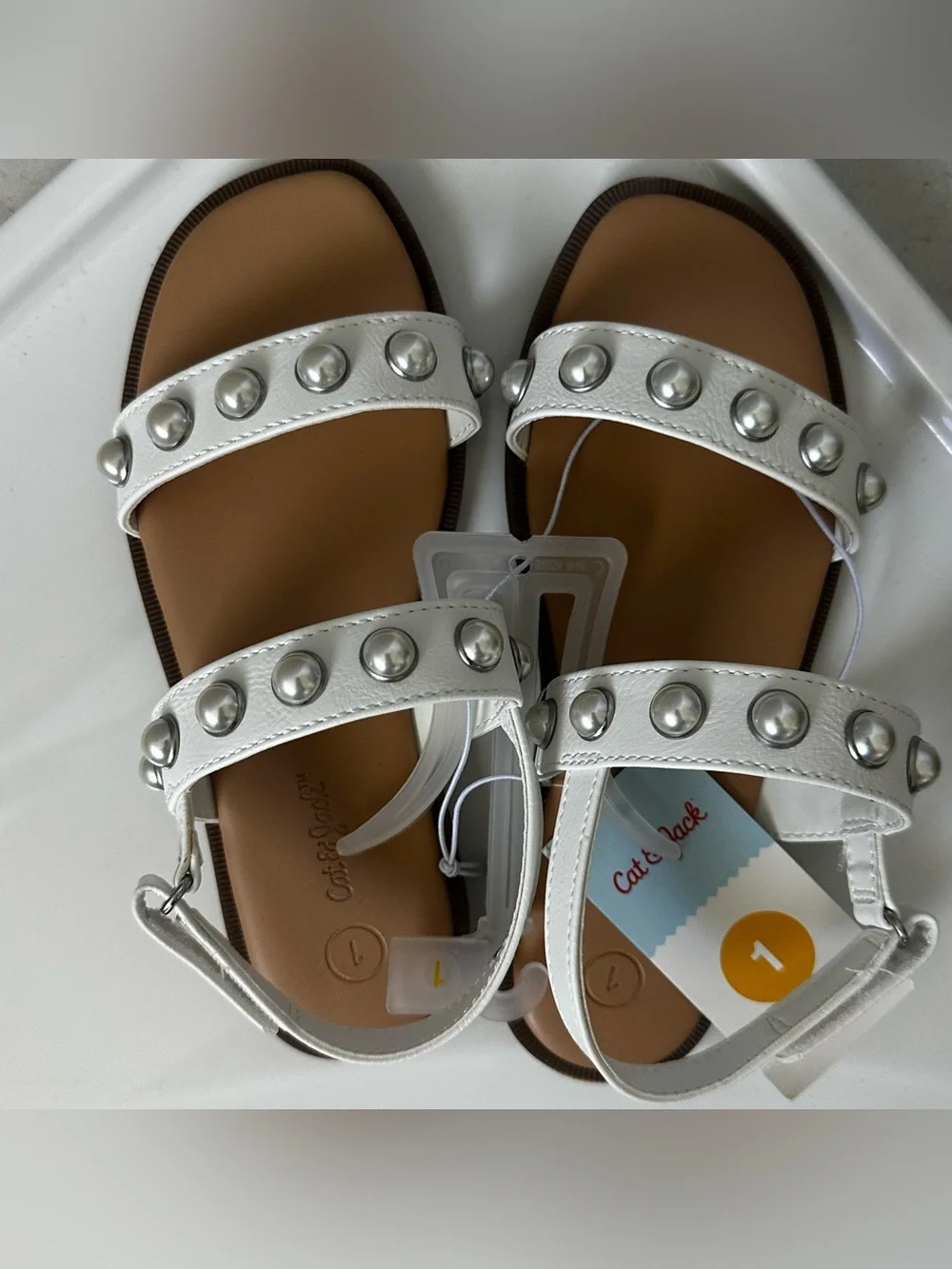 Cat & Jack White Pearl-Stud Girls' Strappy Sandals Size 1